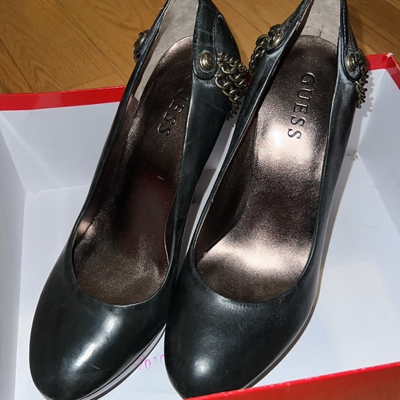 Black Leather Guess Heels with Chain Detail - Picture 14 of 16